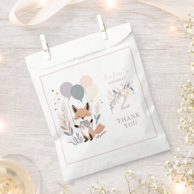 Bolsa De Papel Pastel Boho Fox y Balloons Cumpleaños (Cortado)
