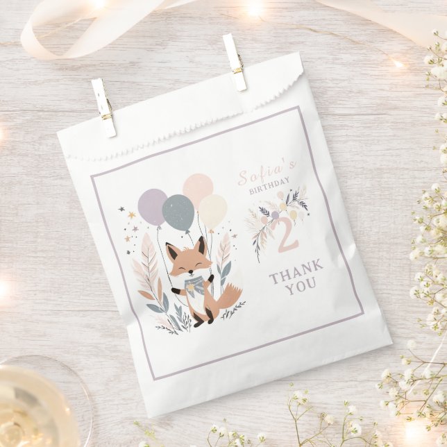 Bolsa De Papel Pastel Boho Fox y Balloons Cumpleaños (Cortado)