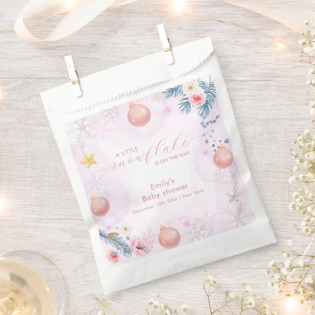 Bolsa De Papel Pastel Pink Winter Snowflake Floral Baby Shower  (Cortado)