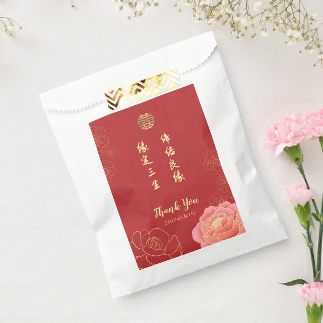 Bolsa De Papel Peony Double Happiness Chinese Boda Gracias (Sellado)
