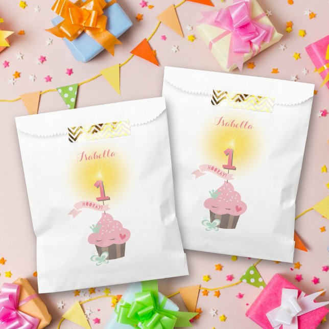 Bolsa De Papel Pequeña Miss Pastel Rosa, primer cumpleaños de la  (Little Miss Pink Princess Cupcake Baby Girl's 1st Birthday Party Favor Bag @ fatfatin_mini_me)
