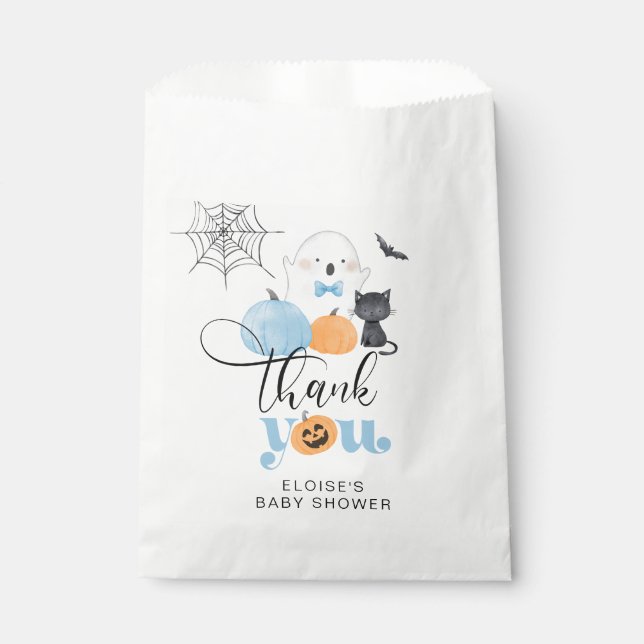 Bolsa De Papel Pequeño Boo azul espeluznante ducha bebé gracias (Anverso)