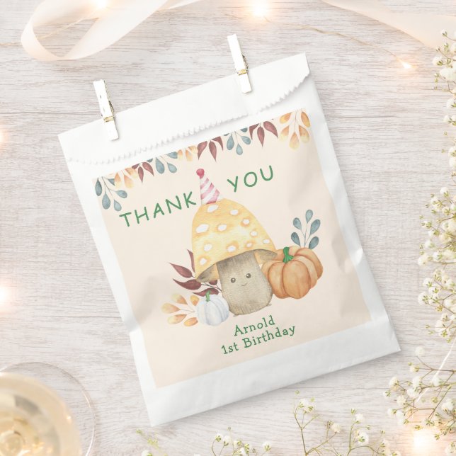 Bolsa De Papel Pequeño Hongo primer Cumpleaños GRACIAS (Cortado)