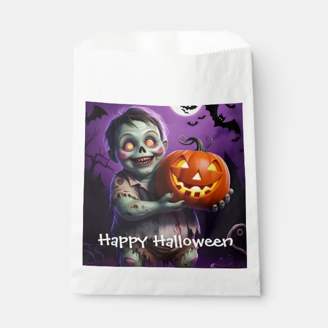 Bolsa De Papel Pequeño monstruo verde y amigo de calabaza (Anverso)