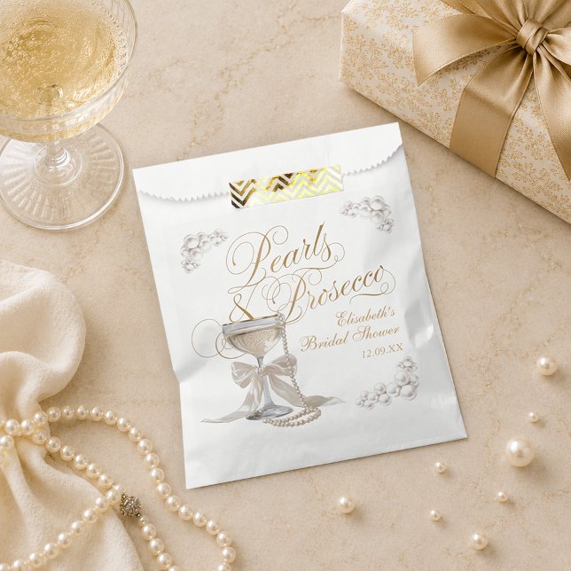 Bolsa De Papel Perlas y Prosecco Arco Blanco para Desayuno de Nov (Pearls and Prosecco White Bow Bridal Shower Favor Bag)