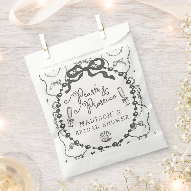Bolsa De Papel Perlas y Prosecco Coqueta Negra Bow Bridal Shower (Cortado)