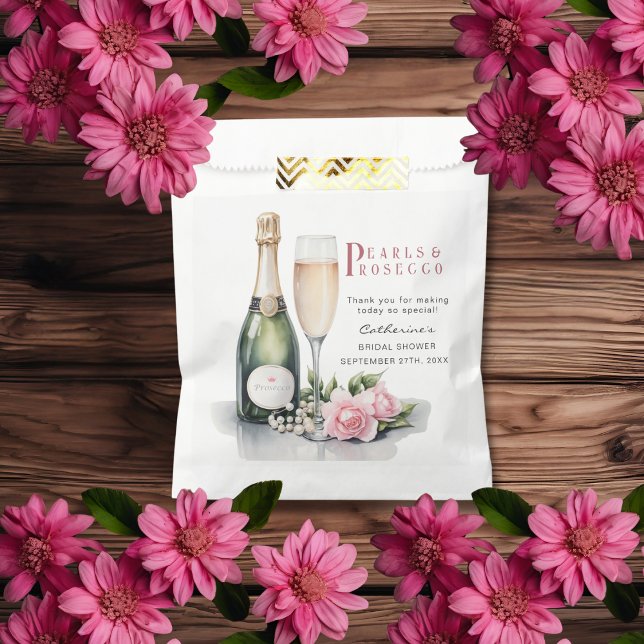 Bolsa De Papel Perlas Y Prosecco Floral Elegante Ducha Bridal (Flat lay pearls and prosecco bridal shower rustic glam chic watercolor floral favor bag)