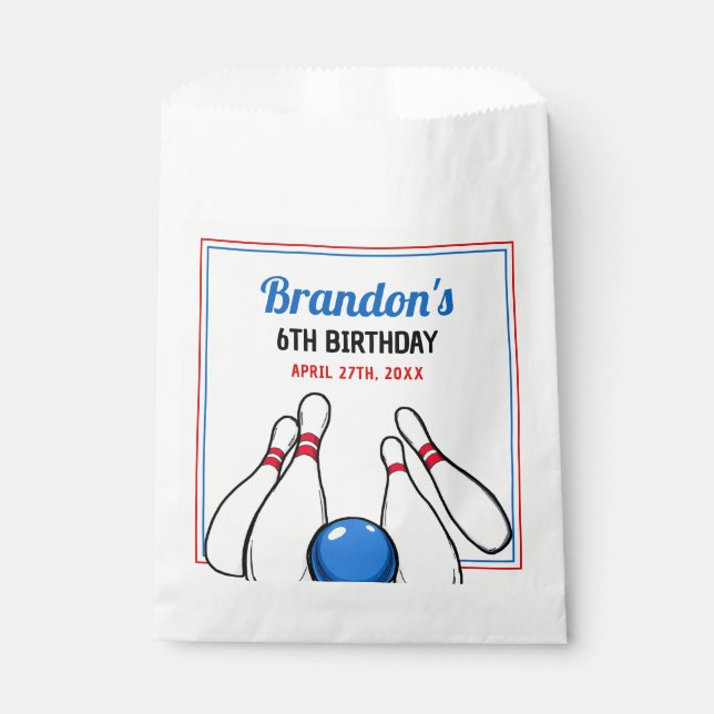 Bolsa De Papel Personalizado Blue & Red Bowling Kids 6º cumpleaño (Anverso)