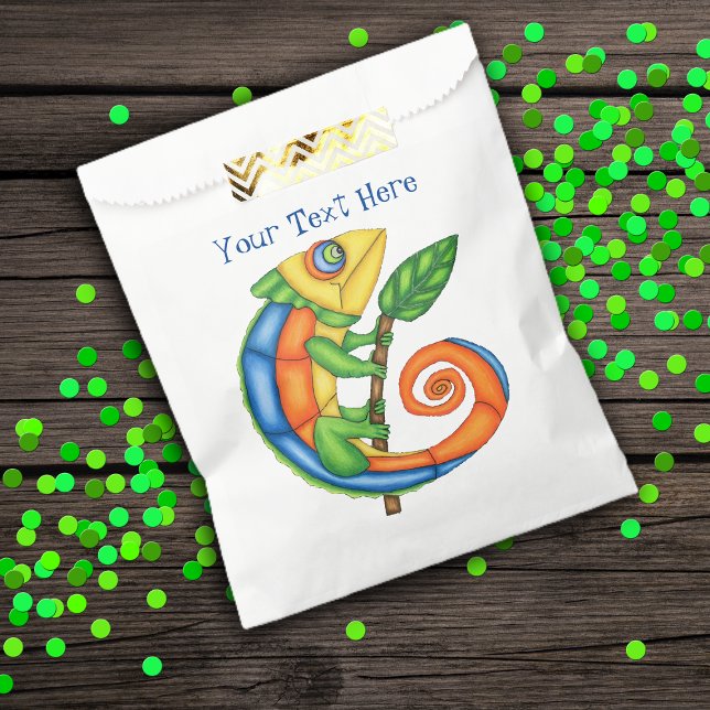 Bolsa De Papel Personalizado colorido Feliz Lizard sosteniendo la (Colourful fun wizard stick with leaf on white kids birthday party favor bags.)