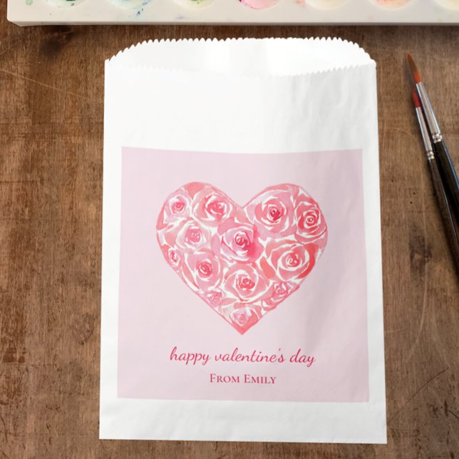 Bolsa De Papel Personalizado Rosa de acuarela rosa El día de San  (Pretty pink watercolor heart custom text favor gift bag. Personalize for Valentine’s Day gifts favor)