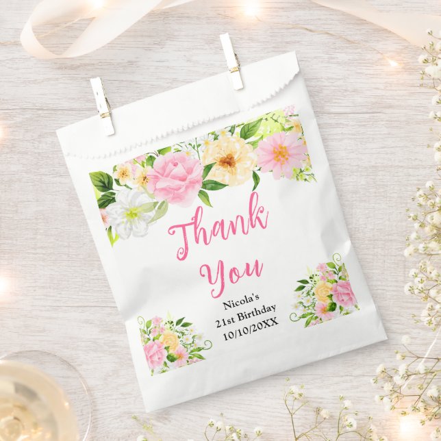 Bolsa De Papel Pink and Yellow Flowers Birthday Thank You (Cortado)