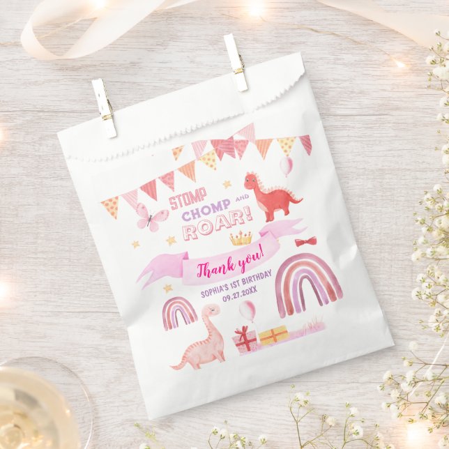 Bolsa De Papel Pink Baby Dinasaur Kids Birthday Party Thank You (Cortado)