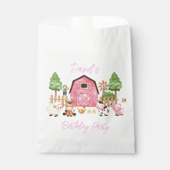 Bolsa De Papel Pink Farm Animals Fiesta de cumpleaños (Anverso)