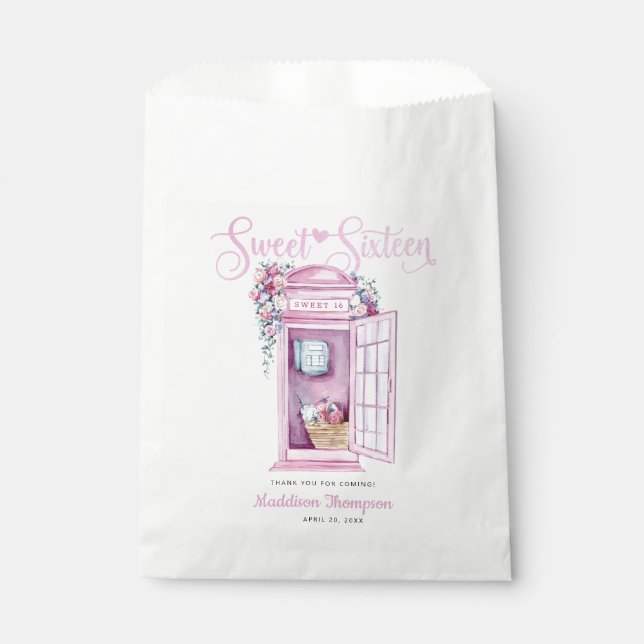 Bolsa De Papel Pink Floral Phone Booth | Dulce 16 (Anverso)