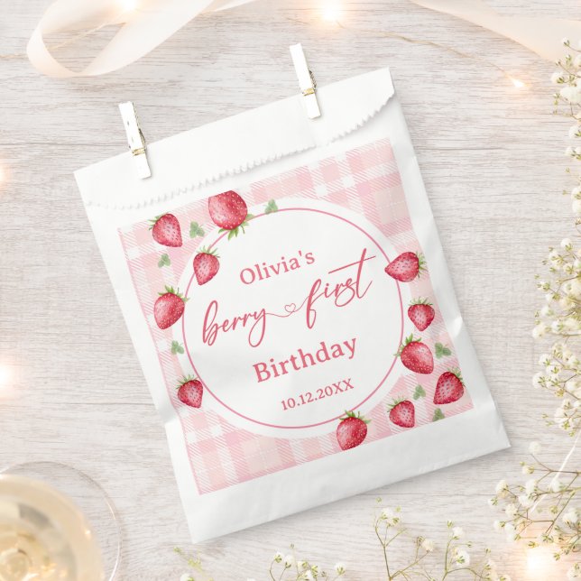 Bolsa De Papel Pink Gingham Strawberry Birthday (Cortado)