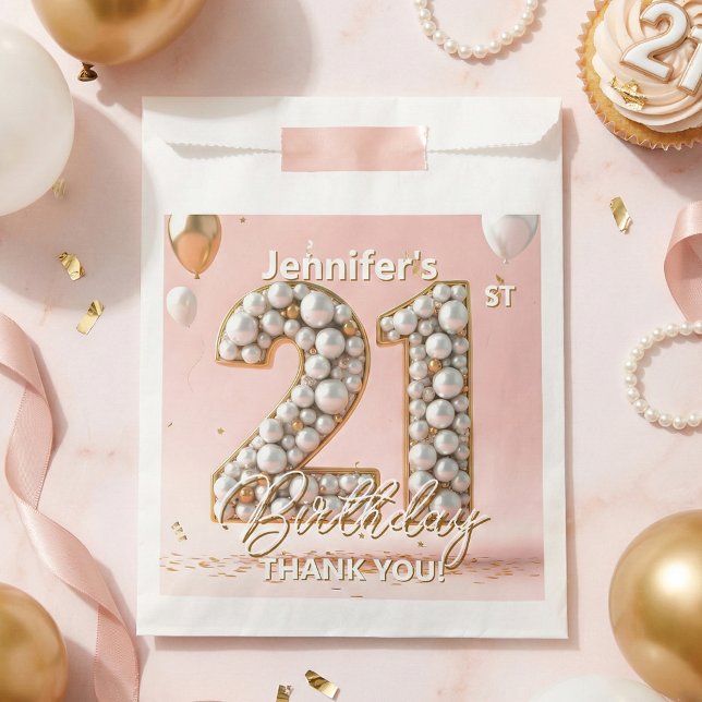 Bolsa De Papel Pink Gold Balloons Pearl 21st Birthday Thank You (Subido por el creador)