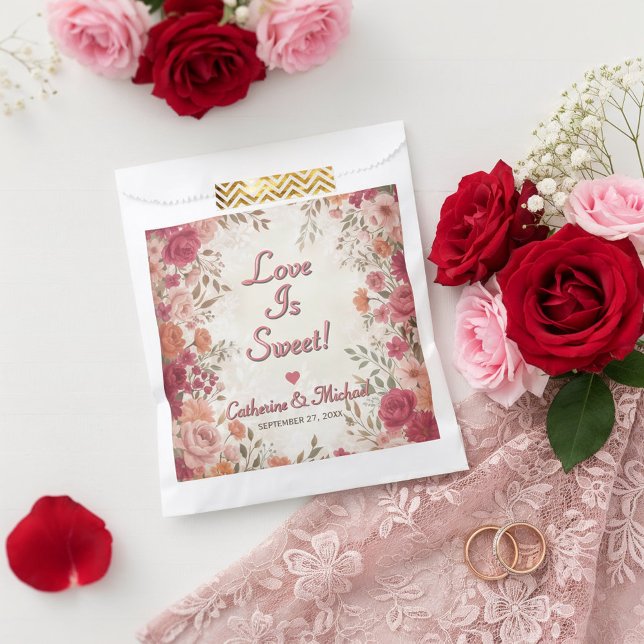 Bolsa De Papel Pink & Red Romantic Rose Spring Wedding  (Flat lay pink red floral spring vintage wedding 'love is sweet' favor bag )