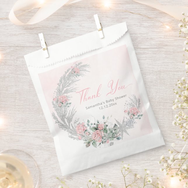 Bolsa De Papel Pink Rose Silver Winter Thank you (Cortado)