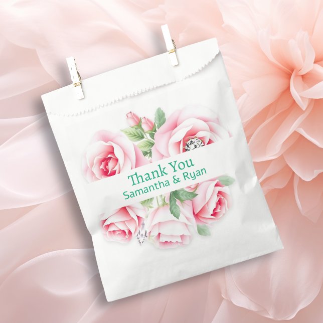 Bolsa De Papel Pink Roses & Green Foliage Wedding Thank You (Subido por el creador)
