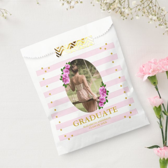 Bolsa De Papel Pink Roses Striped Graduation Brunch (Sellado)