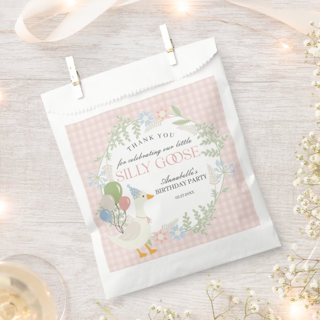 Bolsa De Papel Pink Silly Goose Floral Gingham Birthday Favor (Cortado)