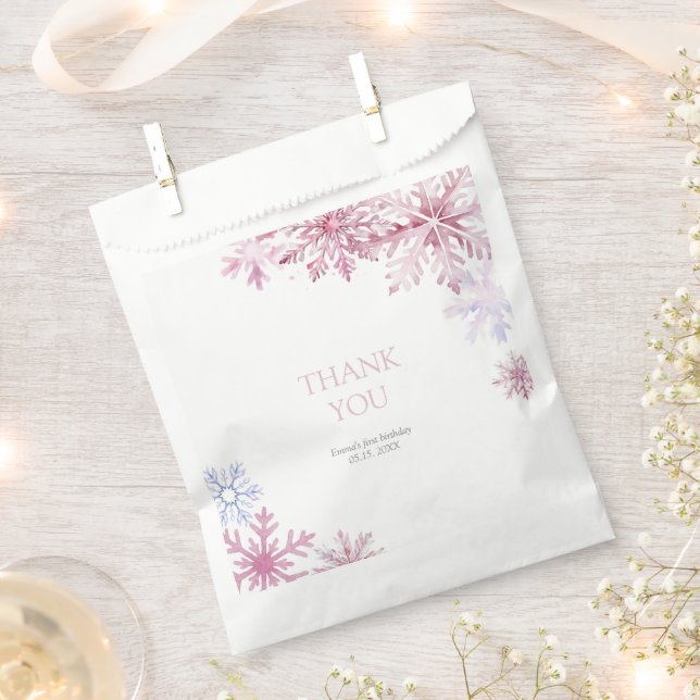 Bolsa De Papel Pink Winter Wonderland Snowflake First Birthday (Cortado)