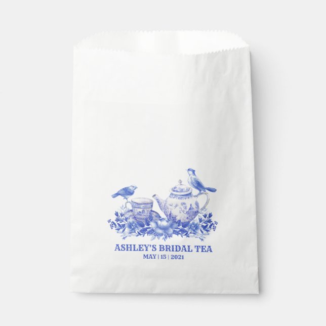 Bolsa De Papel Pota de té floral azul y blanco con pájaros (Anverso)