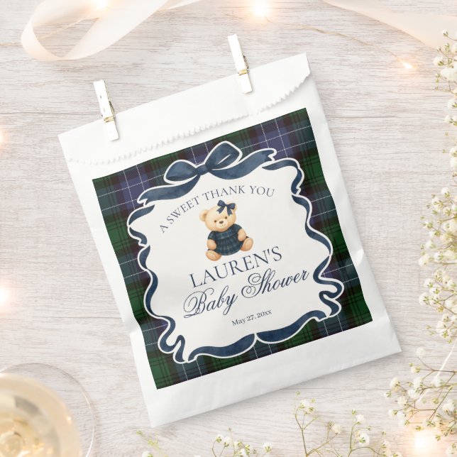Bolsa De Papel Preppy Coquette Bow Bear Plaid Baby Shower Dessert (Cortado)