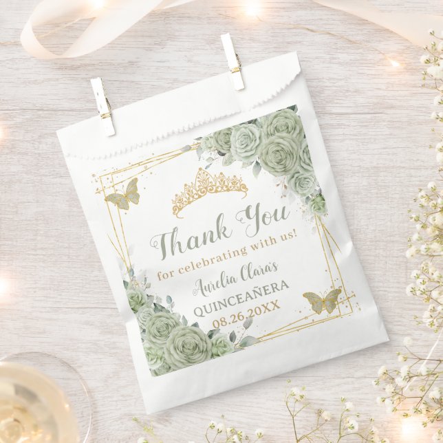 Bolsa De Papel Presupuesto Quinceañera Sage Green Floral (Cortado)