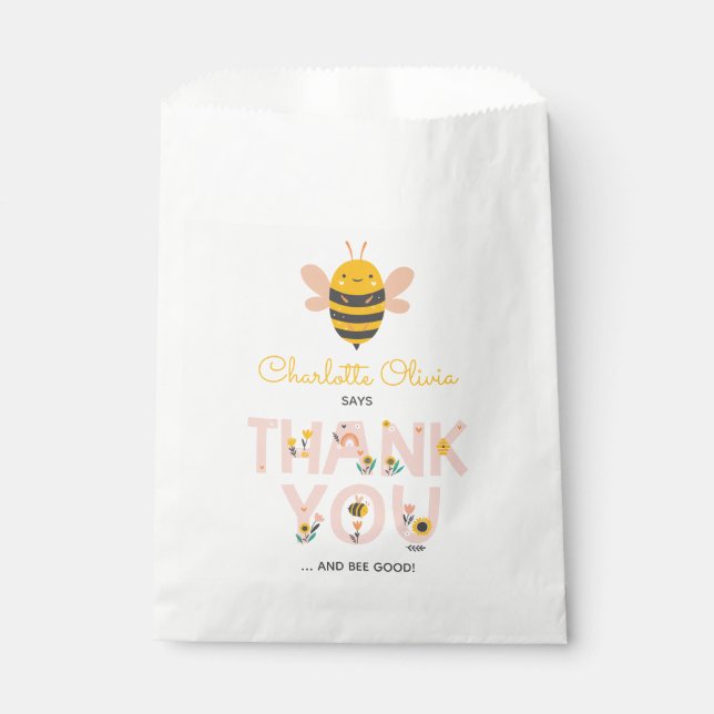 Bolsa De Papel Primer cumpleaños de Bee Yellow & Pink Floral ONE  (Anverso)