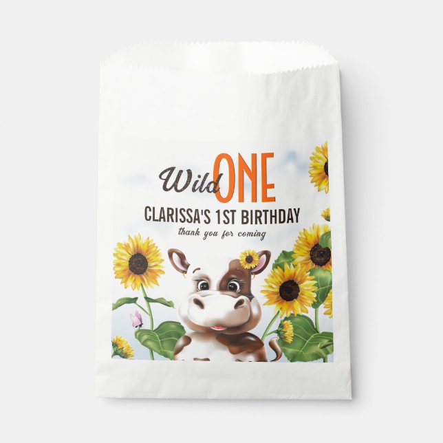 Bolsa De Papel Primer cumpleaños del Chica de girasol de vaca mar (Anverso)