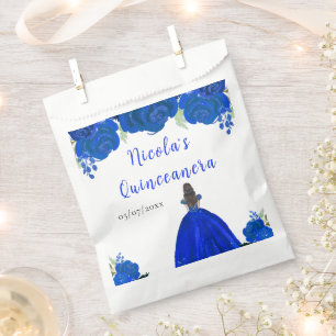 Bolsa De Papel Princesa de Cabello Castaño Quinceañera Floral Azu