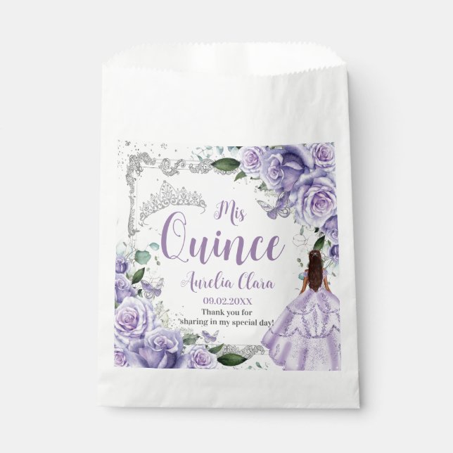 Bolsa De Papel Princesa Morada Floral Plata Quinceañera 16 15 (Anverso)