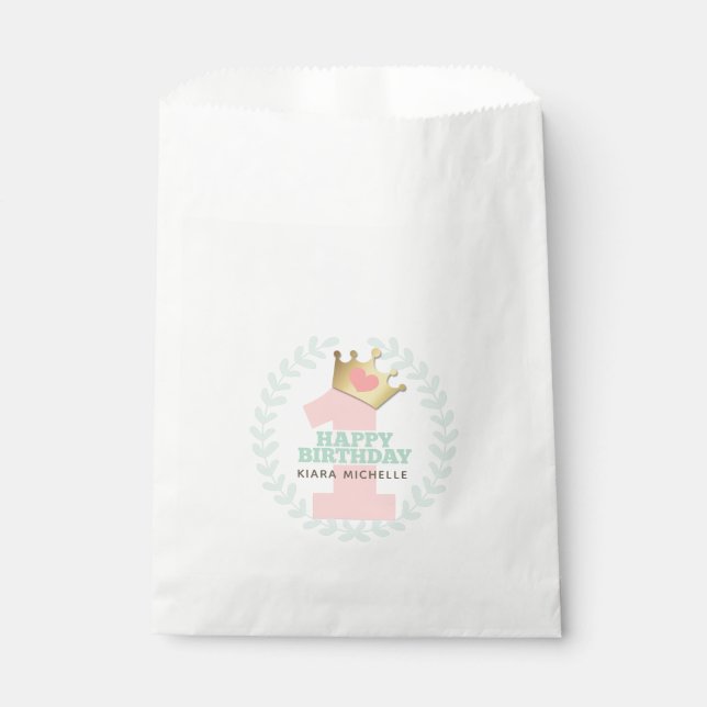 Bolsa De Papel Princesa Rosa Crown Baby Girl First Birday Party (Anverso)