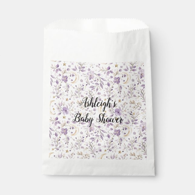 Bolsa De Papel Purple White Moons & Stars Floral Baby Shower (Anverso)
