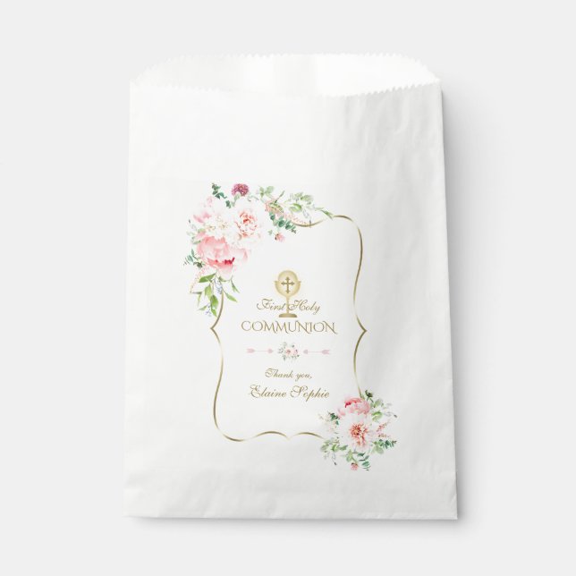 Bolsa De Papel Purpurina de oro Comunión Santa Oral Peonia Pink F (Anverso)