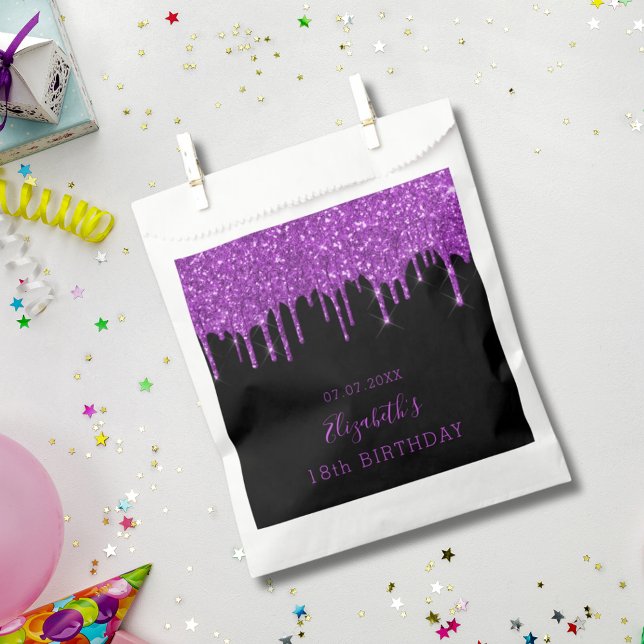 Bolsa De Papel Purpurina morado negro de cumpleaños gotea monogra (Subido por el creador)