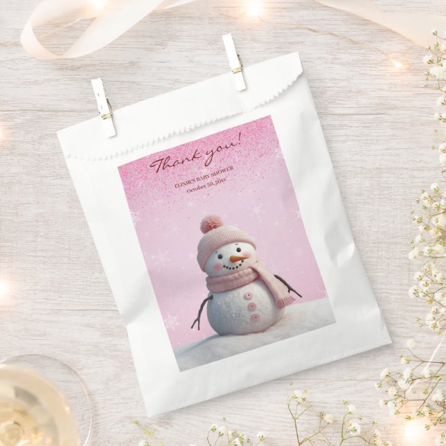 Bolsa De Papel Purpurina rosado Winter Snowman Baby Shower (Cortado)