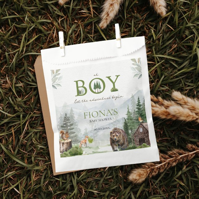 Bolsa De Papel Que la aventura comience las montañas Boy Baby Sho (Oh boy let the adventure begin custom baby shower favor bags inspired by mountains, woodland, forest)