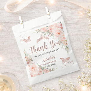Bolsa De Papel Quinceañera 16 Rubor Floral Rosa Dorado Mariposas