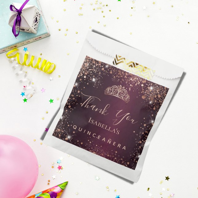 Bolsa De Papel Quinceanera burgundy rosa oro tiara gracias (Subido por el creador)