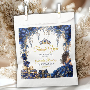Bolsa De Papel Quinceañera Floral Tiara Dorada Azul Real