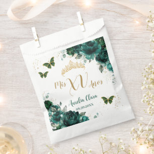 Bolsa De Papel Quinceañera Floral Verde Esmeralda Mariposas Dorad