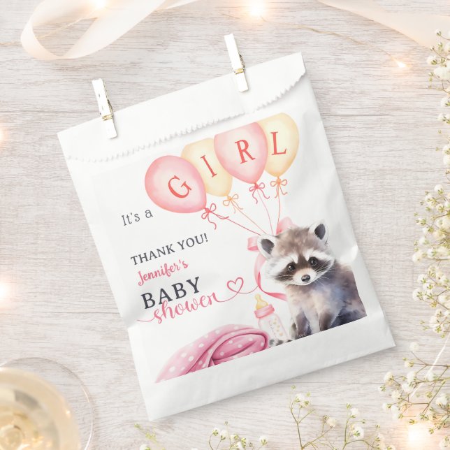 Bolsa De Papel Raccoon Baby Shower Chica Rosa Cute (Cortado)
