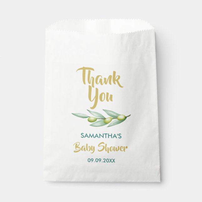 Bolsa De Papel Rama de olivo verde de Baby Shower Elegante (Anverso)