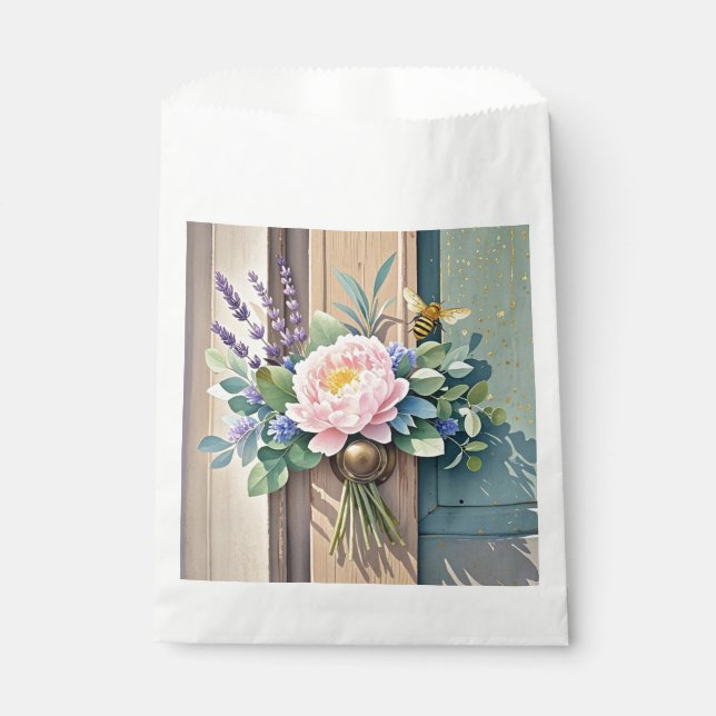 Bolsa De Papel Ramillete peonías flores lavanda Rústico (Anverso)