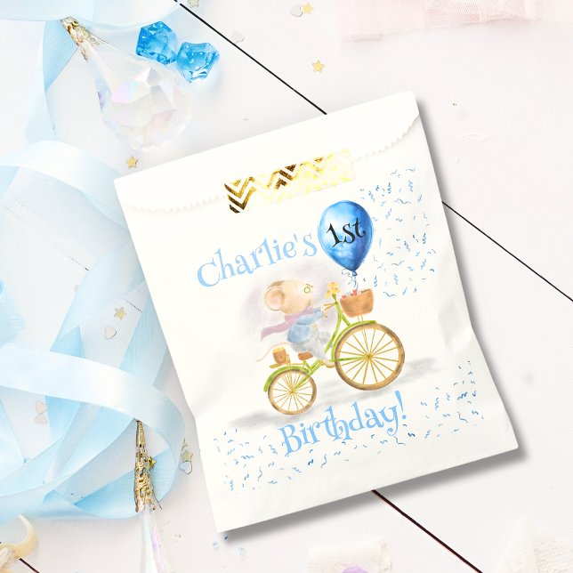 Bolsa De Papel Ratón lindo Bicicleta Animal Niño Primer Fiesta de (Cute Mouse Animal Riding Vintage Bicycle & 1st Birthday Party Balloon, party favor bags)