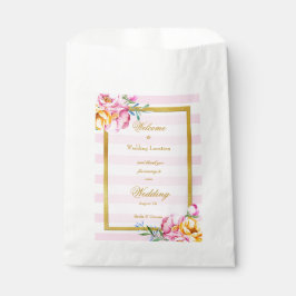 Bolsa De Papel Rayas rosadas Boda de flor de marco dorado