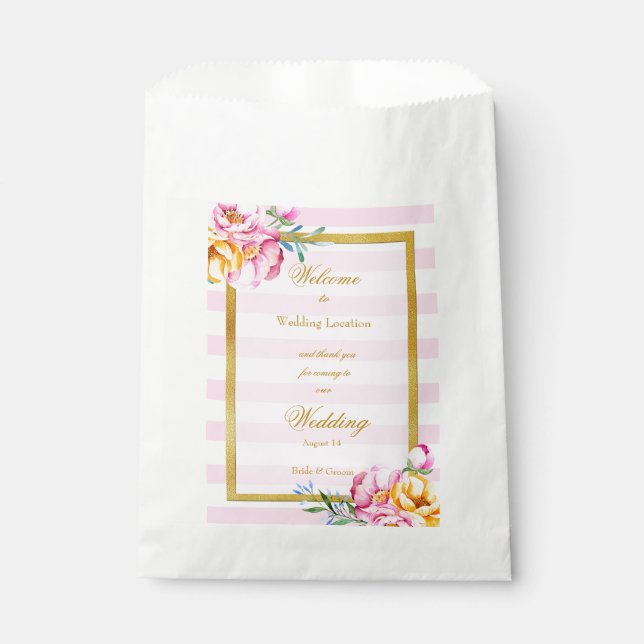 Bolsa De Papel Rayas rosadas Boda de flor de marco dorado (Anverso)