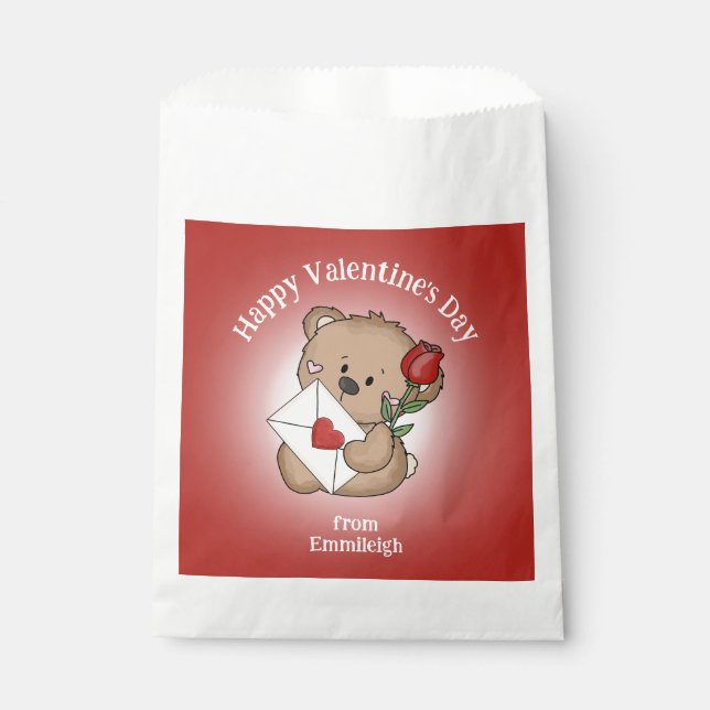 Bolsa De Papel Red Rose Heart Happy Valentines Day Cute Bear Name (Anverso)